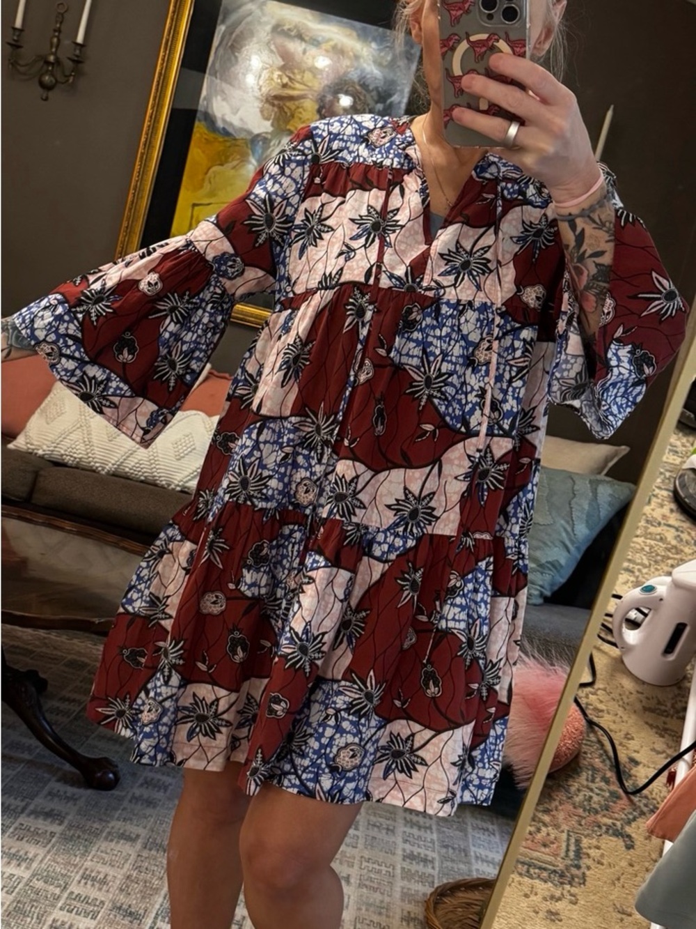 Warm Red, Blue and Cream Floral Patchwork Dress - Picture 4 of 4